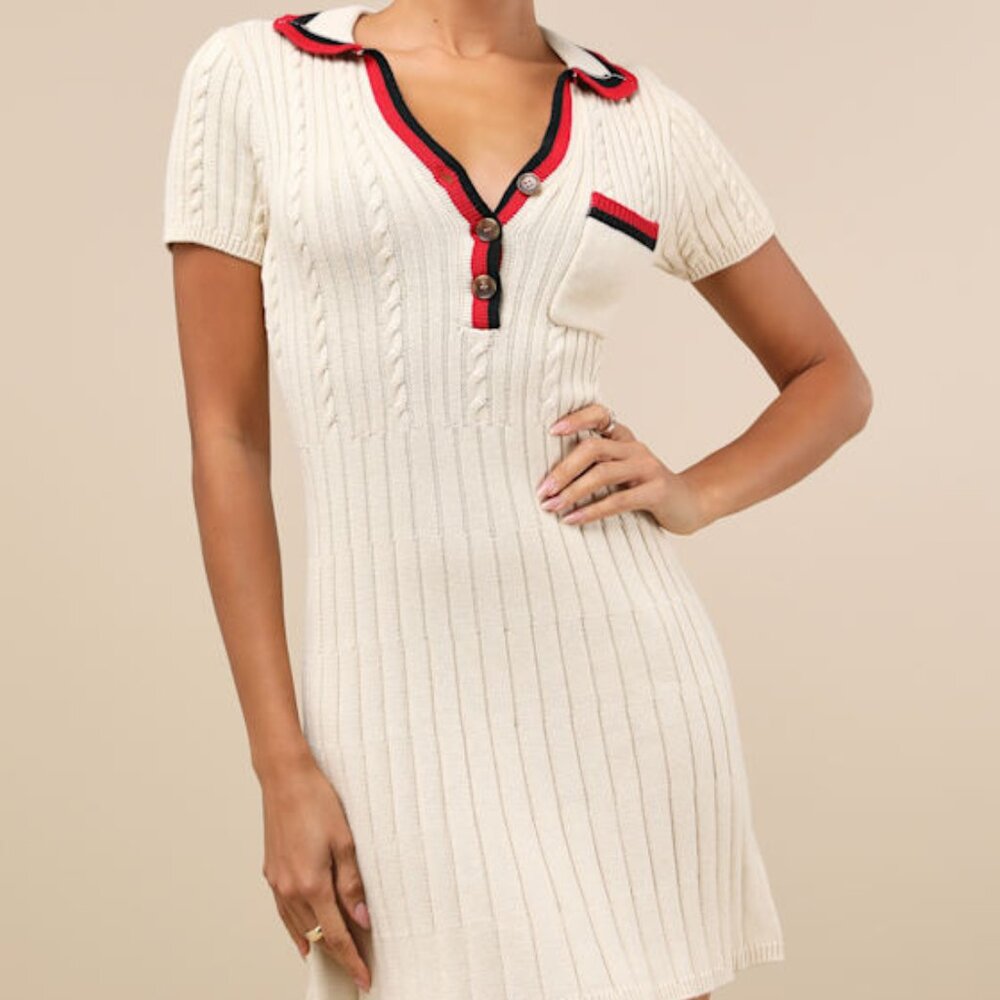 Lulus Upscale Ideal Beige Cable Knit Short Sleeve Sweater Mini Dress - Size XL